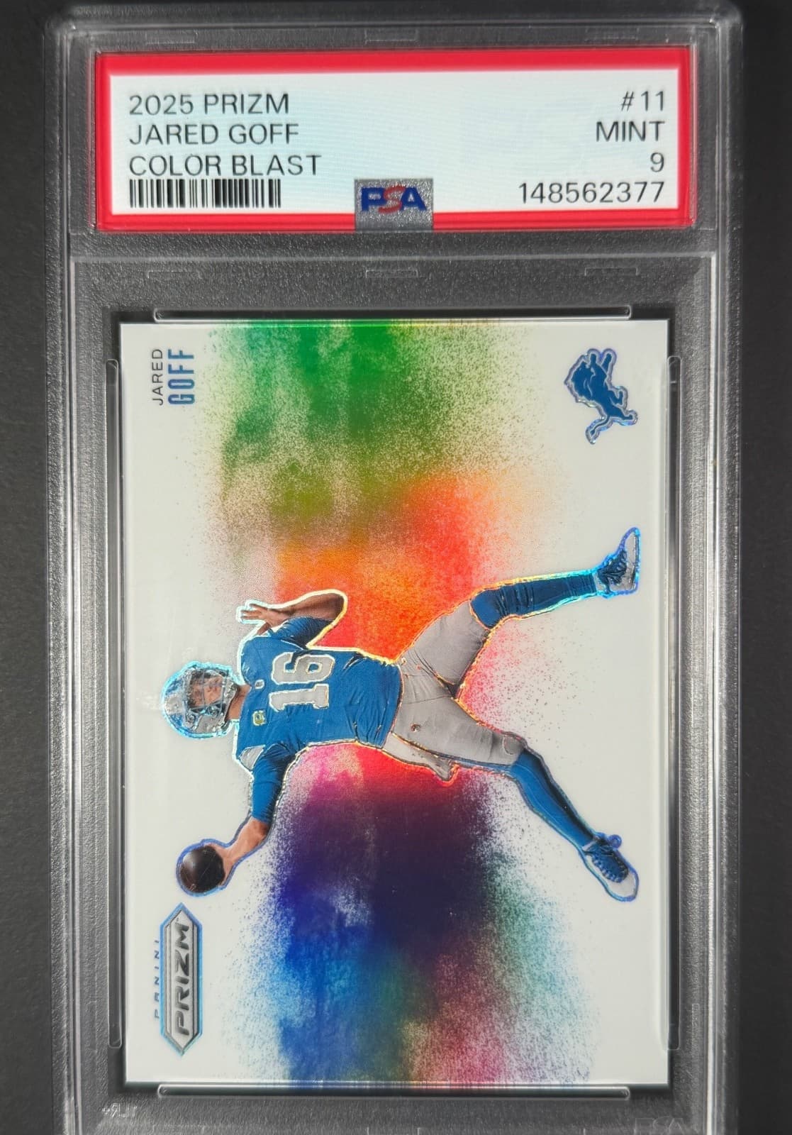 Jared Goff 2025 Prizm Color Blast PSA 9
