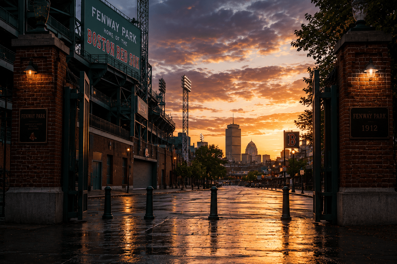 Fenway Park entrance at sunset